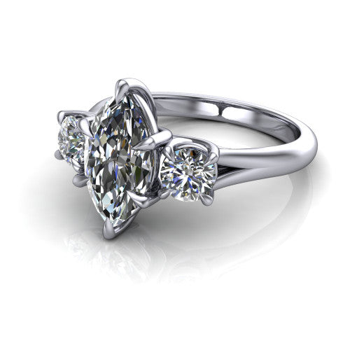 Jasmine marquise three stone engagement ring in 18K White Gold with round side stones, three-quarter perspective view