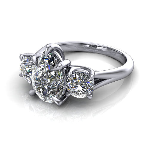 Jasmine pear three stone engagement ring in 14K White Gold with round side stones, three-quarter perspective view