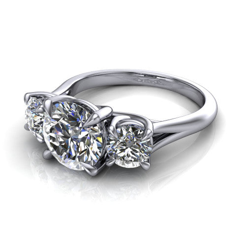 Jasmine round three stone engagement ring in Platinum with round side stones, three-quarter perspective view