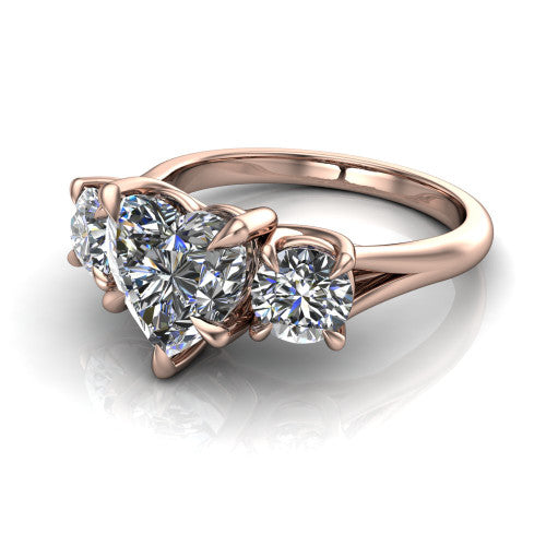 Jasmine heart three stone engagement ring in 18K Rose Gold with round side stones, three-quarter perspective view