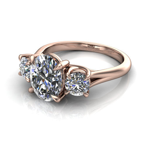 Jasmine oval three stone engagement ring in 14K Rose Gold with round side stones, three-quarter perspective view