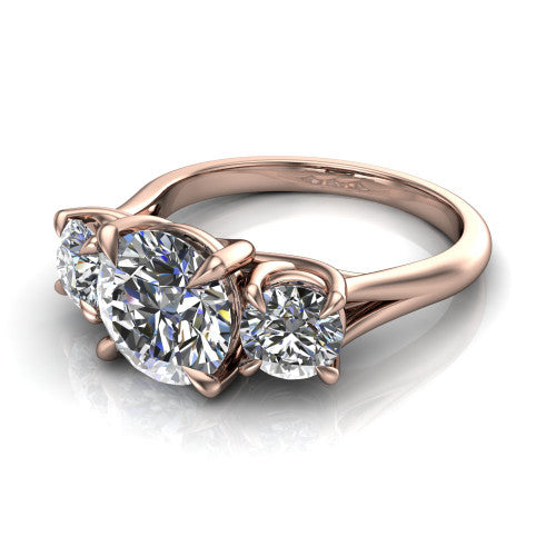 Jasmine round three stone engagement ring in 14K Rose Gold with round side stones, three-quarter perspective view