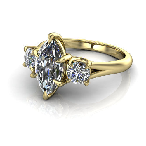 Jasmine marquise three stone engagement ring in 14K Yellow Gold with round side stones, three-quarter perspective view