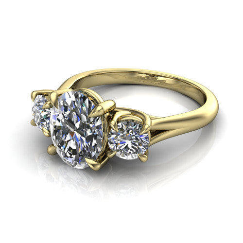 Jasmine oval three stone engagement ring in 14K Yellow Gold with round side stones, three-quarter perspective view