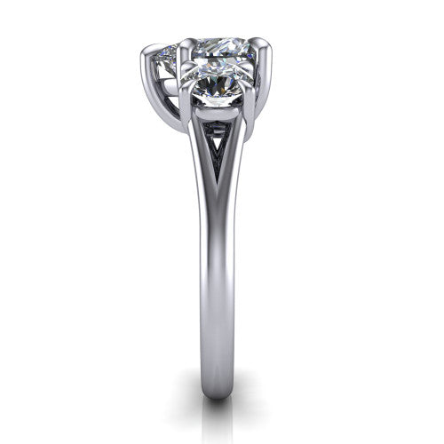 Jasmine heart three stone engagement ring in Platinum with round side stones, side profile showing the plain band and split under-gallery