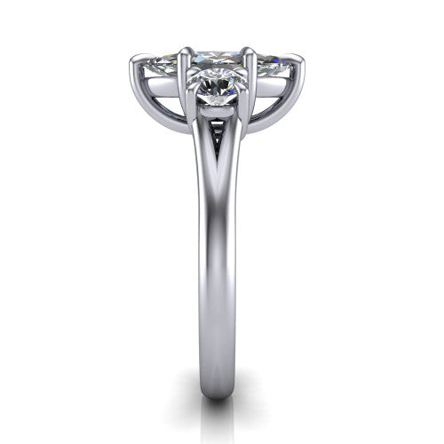 Jasmine marquise three stone engagement ring in Platinum with round side stones, side profile showing the plain band and split under-gallery