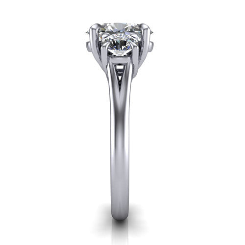 Jasmine oval three stone engagement ring in 14K White Gold with round side stones, side profile showing the plain band and split under-gallery