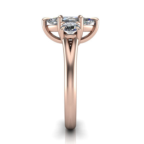 Jasmine marquise three stone engagement ring in 18K Rose Gold with round side stones, side profile showing the plain band and split under-gallery