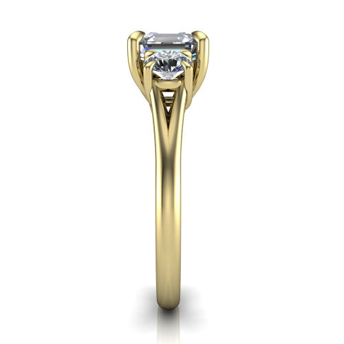 Jasmine asscher three stone engagement ring in 18K Yellow Gold with round side stones, side profile showing the plain band and split under-gallery