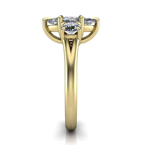 Jasmine marquise three stone engagement ring in 14K Yellow Gold with round side stones, side profile showing the plain band and split under-gallery