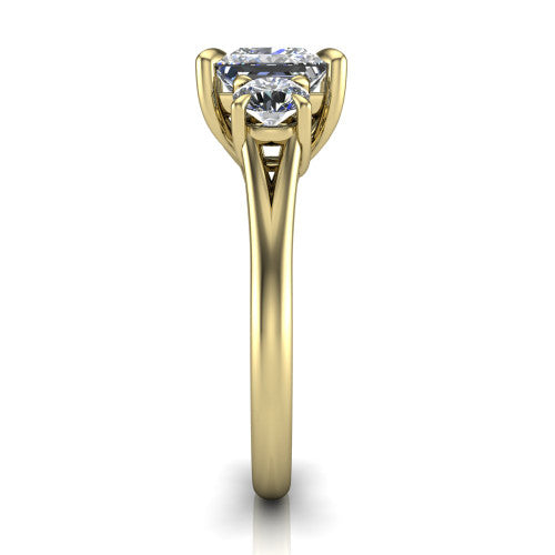 Jasmine princess three stone engagement ring in 18K Yellow Gold with round side stones, side profile showing the plain band and split under-gallery