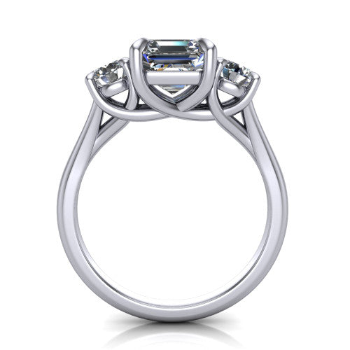 Jasmine asscher three stone engagement ring in 14K White Gold with round side stones, through-finger front profile