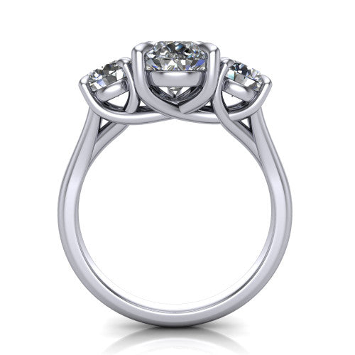 Jasmine pear three stone engagement ring in Platinum with round side stones, through-finger front profile