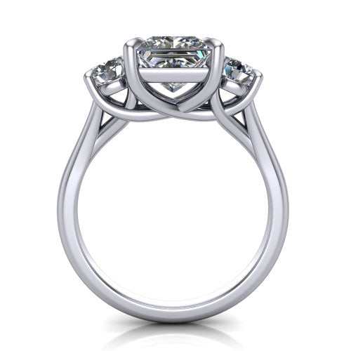 Jasmine princess three stone engagement ring in Platinum with round side stones, through-finger front profile