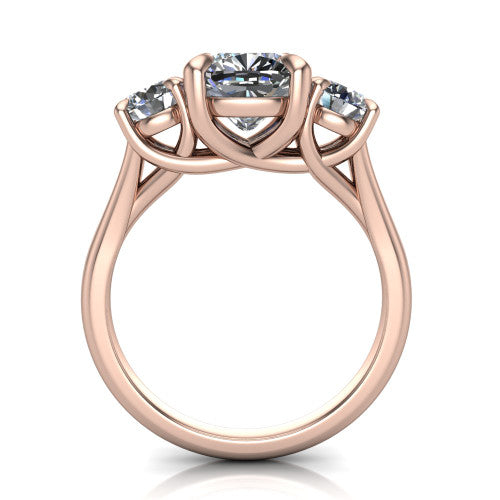 Jasmine cushion three stone engagement ring in 14K Rose Gold with round side stones, through-finger front profile