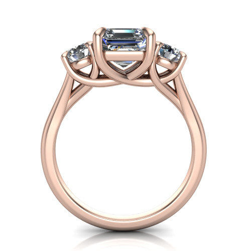 Jasmine asscher three stone engagement ring in 14K Rose Gold with round side stones, through-finger front profile