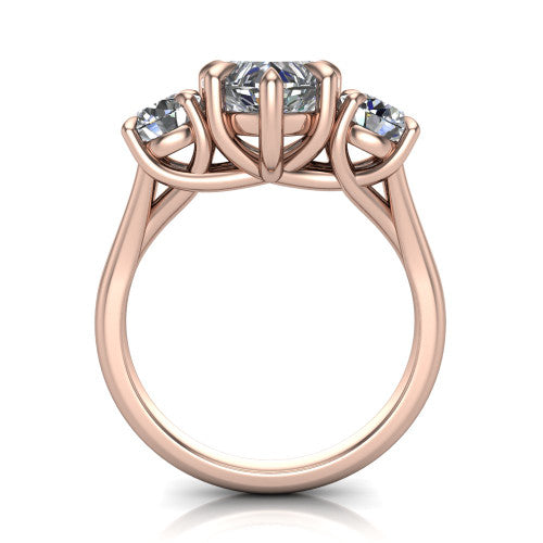Jasmine heart three stone engagement ring in 18K Rose Gold with round side stones, through-finger front profile