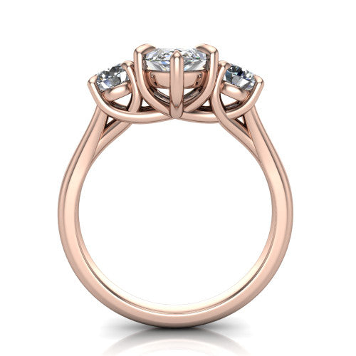 Jasmine marquise three stone engagement ring in 18K Rose Gold with round side stones, through-finger front profile