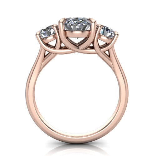 Jasmine oval three stone engagement ring in 14K Rose Gold with round side stones, through-finger front profile