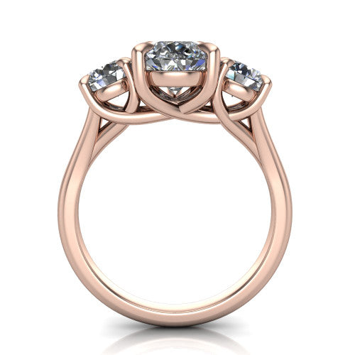 Jasmine pear three stone engagement ring in 18K Rose Gold with round side stones, through-finger front profile