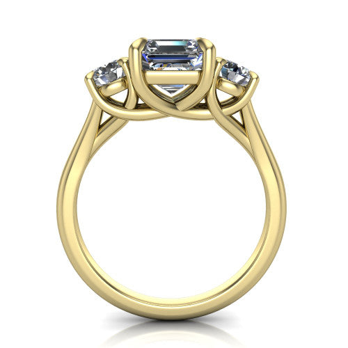 Jasmine asscher three stone engagement ring in 18K Yellow Gold with round side stones, through-finger front profile