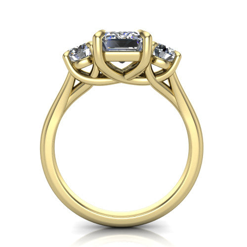 Jasmine emerald three stone engagement ring in 14K Yellow Gold with round side stones, through-finger front profile