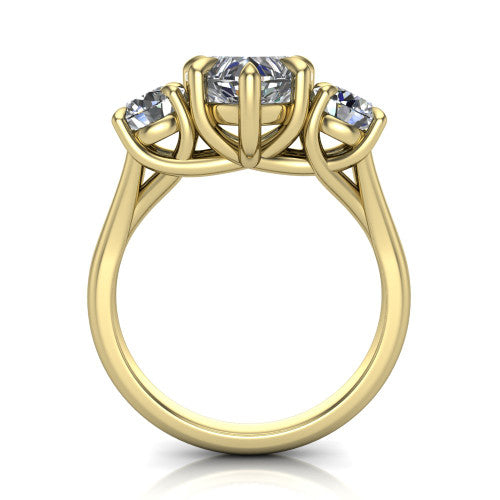 Jasmine heart three stone engagement ring in 14K Yellow Gold with round side stones, through-finger front profile