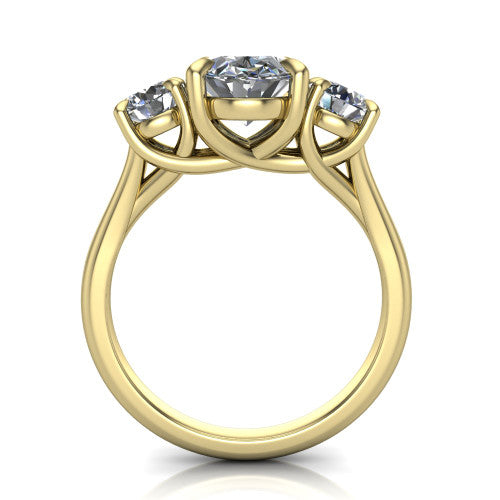 Jasmine oval three stone engagement ring in 14K Yellow Gold with round side stones, through-finger front profile