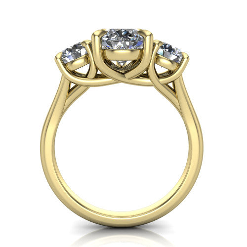 Jasmine pear three stone engagement ring in 18K Yellow Gold with round side stones, through-finger front profile