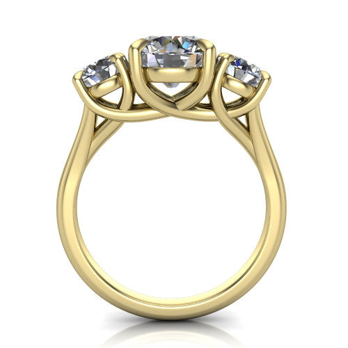 Jasmine round three stone engagement ring in 18K Yellow Gold with round side stones, through-finger front profile