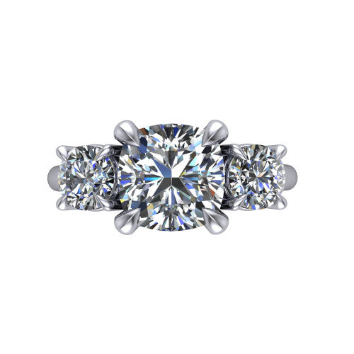 Jasmine cushion three stone engagement ring in 14K White Gold with round side stones, top-down view of the center and round side stones