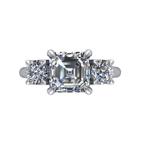 Jasmine asscher three stone engagement ring in Platinum with round side stones, top-down view of the center and round side stones