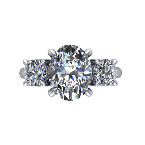 Jasmine oval three stone engagement ring in 18K White Gold with round side stones, top-down view of the center and round side stones