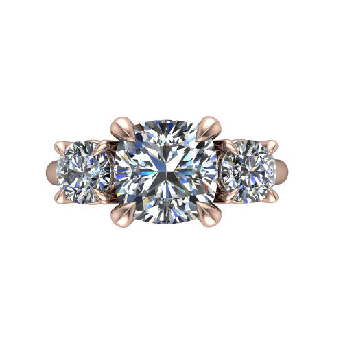 Jasmine cushion three stone engagement ring in 14K Rose Gold with round side stones, top-down view of the center and round side stones