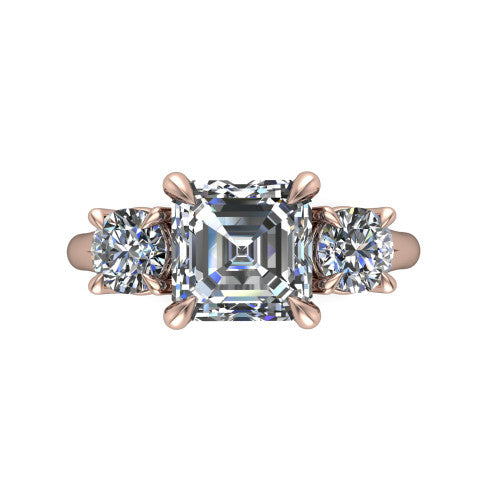 Jasmine asscher three stone engagement ring in 14K Rose Gold with round side stones, top-down view of the center and round side stones