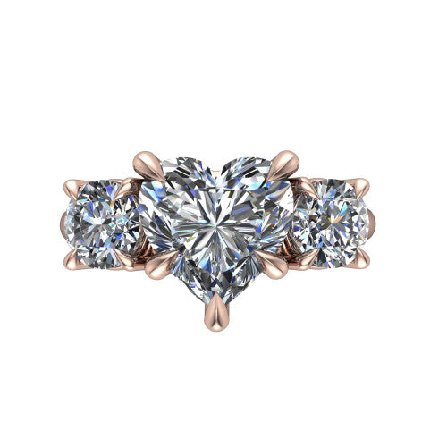 Jasmine heart three stone engagement ring in 18K Rose Gold with round side stones, top-down view of the center and round side stones