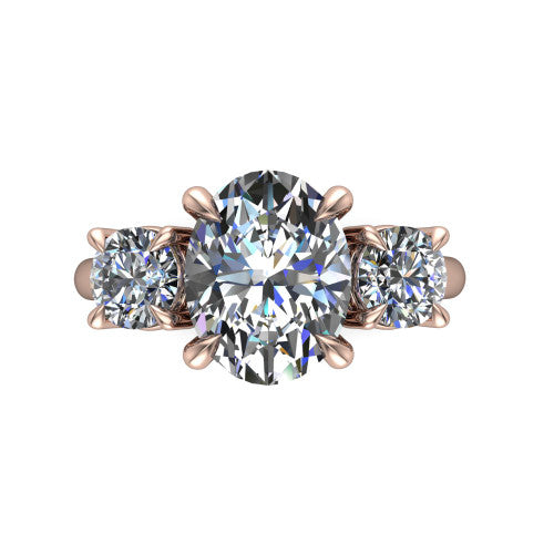 Jasmine oval three stone engagement ring in 14K Rose Gold with round side stones, top-down view of the center and round side stones
