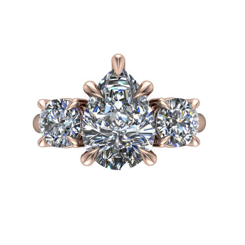 Jasmine pear three stone engagement ring in 18K Rose Gold with round side stones, top-down view of the center and round side stones