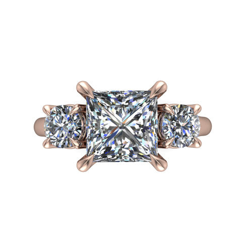 Jasmine princess three stone engagement ring in 18K Rose Gold with round side stones, top-down view of the center and round side stones