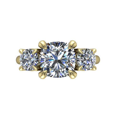 Jasmine cushion three stone engagement ring in 14K Yellow Gold with round side stones, top-down view of the center and round side stones