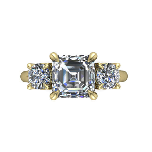 Jasmine asscher three stone engagement ring in 18K Yellow Gold with round side stones, top-down view of the center and round side stones