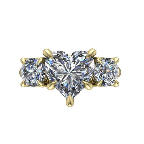 Jasmine heart three stone engagement ring in 18K Yellow Gold with round side stones, top-down view of the center and round side stones
