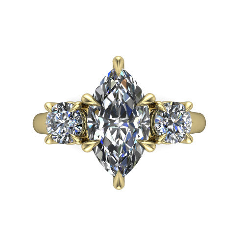 Jasmine marquise three stone engagement ring in 14K Yellow Gold with round side stones, top-down view of the center and round side stones