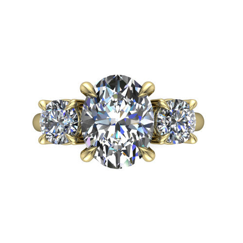 Jasmine oval three stone engagement ring in 18K Yellow Gold with round side stones, top-down view of the center and round side stones