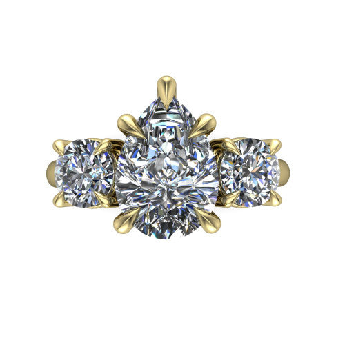 Jasmine pear three stone engagement ring in 14K Yellow Gold with round side stones, top-down view of the center and round side stones