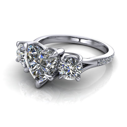 Ruth heart three stone engagement ring in 18K White Gold, three-quarter perspective showing the heart center between two round side stones above a pav&eacute; band