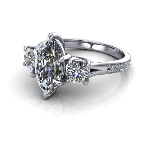 Ruth marquise three stone engagement ring in 18K White Gold, three-quarter perspective showing the marquise center between two round side stones above a pav&eacute; band