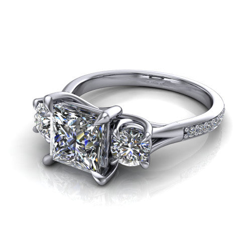 Ruth princess three stone engagement ring in 14K White Gold, three-quarter perspective showing the princess center between two round side stones above a pav&eacute; band
