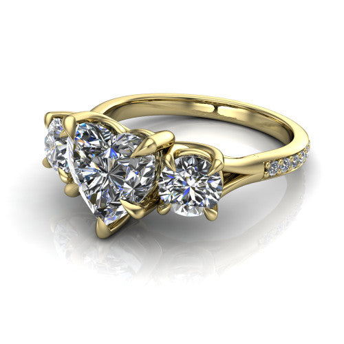 Ruth heart three stone engagement ring in 14K Yellow Gold, three-quarter perspective showing the heart center between two round side stones above a pav&eacute; band