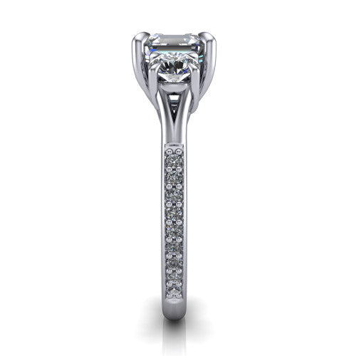 Ruth square emerald three stone engagement ring in 18K White Gold, side profile showing the pav&eacute; band and the three-stone setting in profile